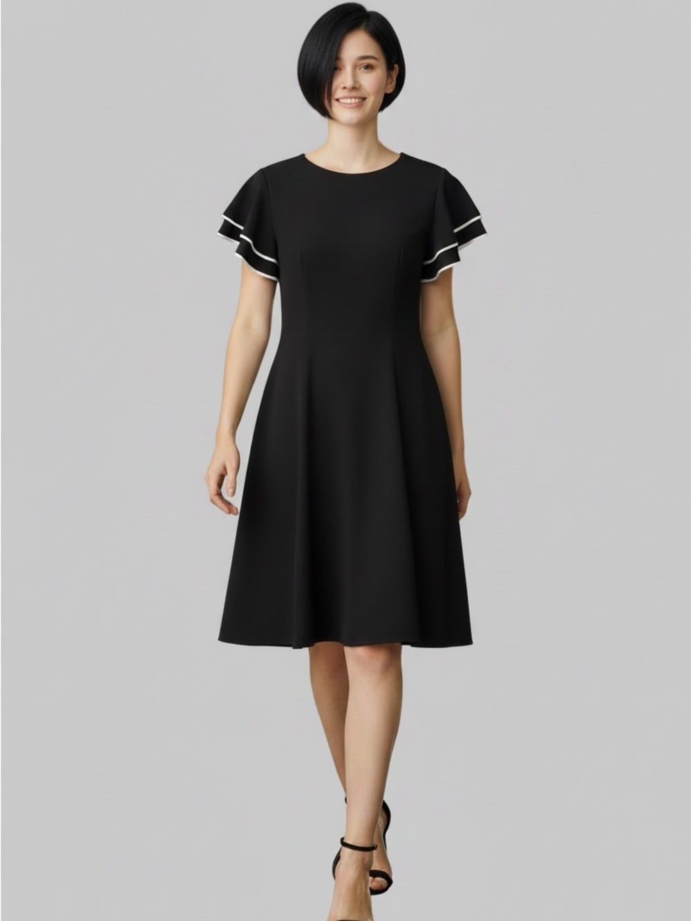 Tommy Hilfiger Black Fit & Flare Dress with White Trim Flutter Sleeves